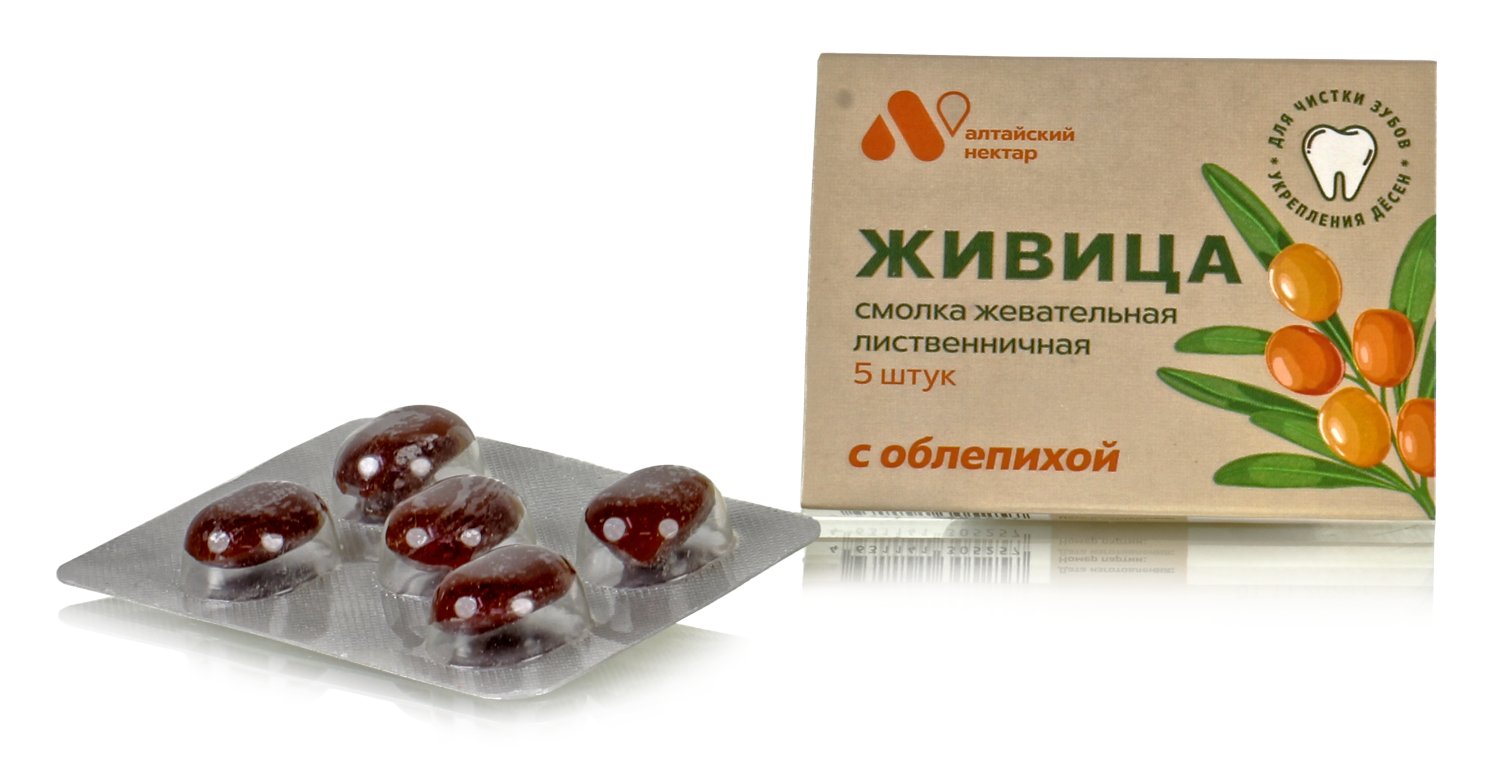 Смолка жевательная лиственничная Живица, с облепихой 5шт по 0.8гр