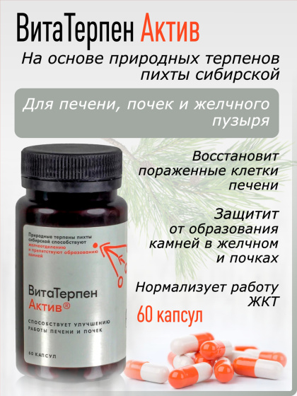 Витатерпен Актив / для печени / при гепатите / при гепатозе / для почек / для пищеварения / для поджелудочной железы / для селезенки / противовоспалительное / 60капс.
