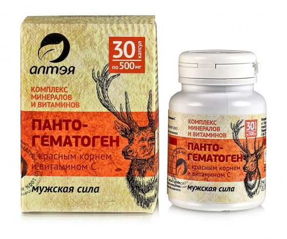Пантогематоген с красным корнем и витамином С. Мужская сила. 30 капсул по 500мг.