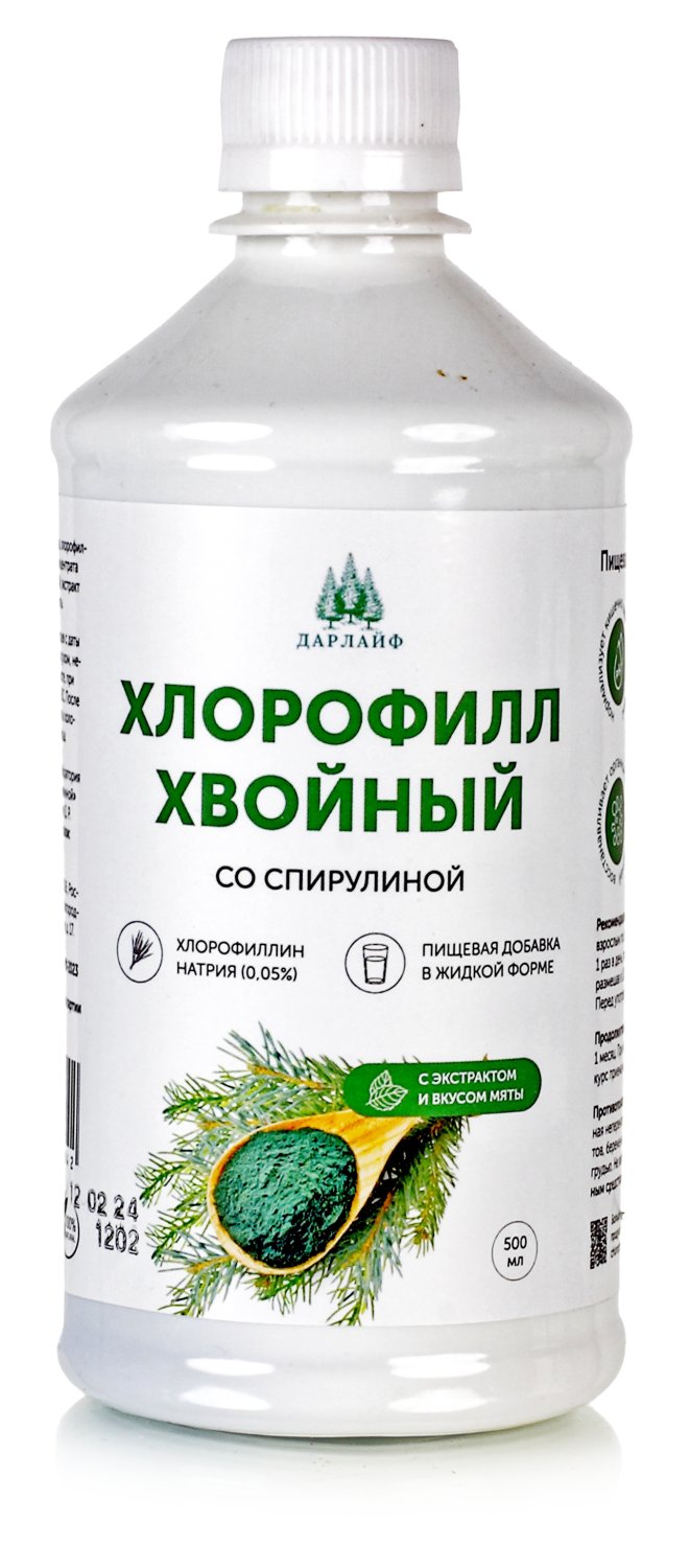Мятный Хлорофилл хвойный жидкий со спирулиной для кожи, роста волос, детокса