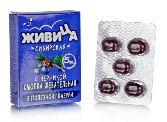 Смолка жевательная "Живица Сибирская" в глазури БЕЗ САХАРА (с ЧЕРНИКОЙ и пчелиным воском 5шт по 0.8г