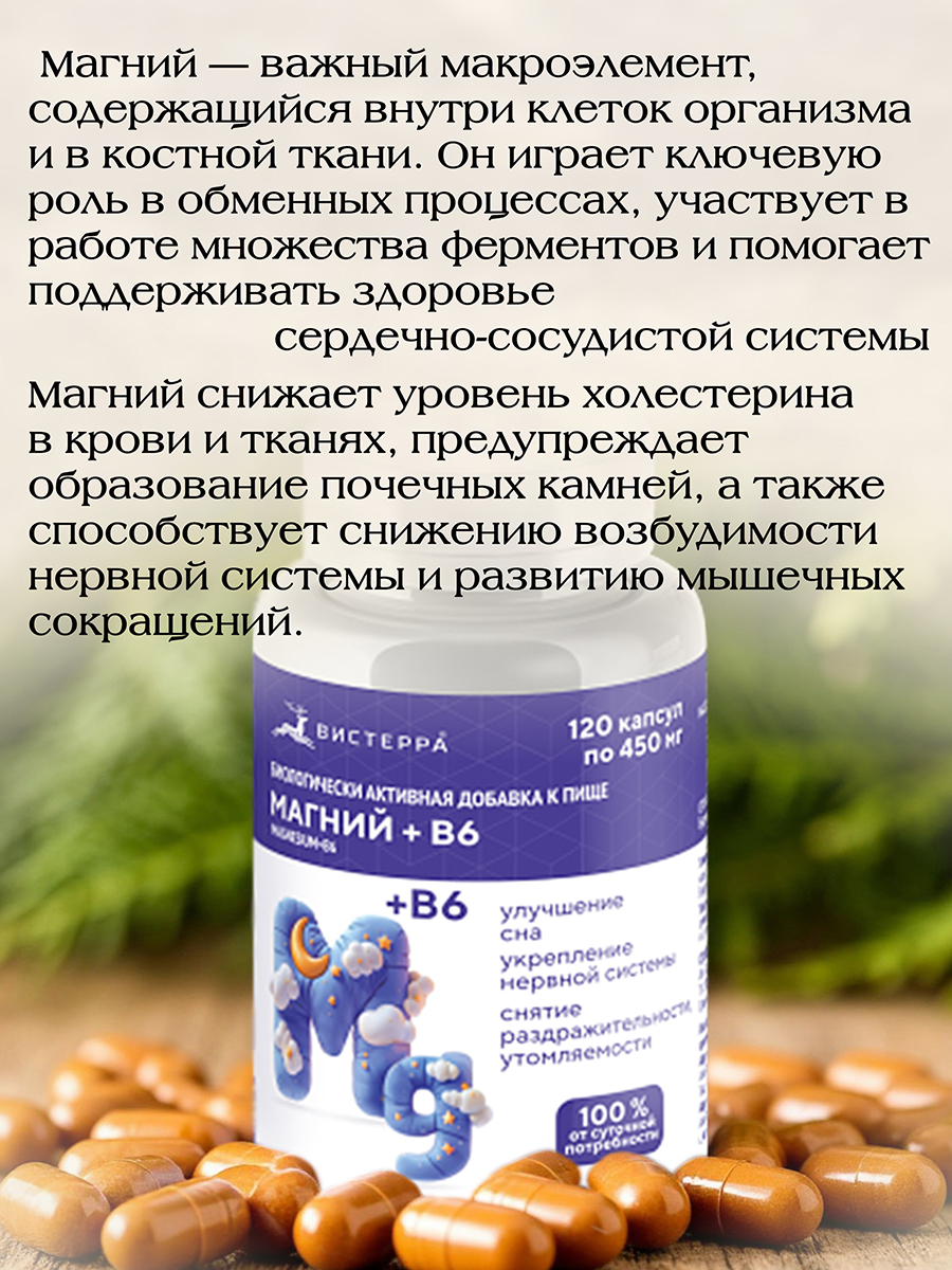 Магний + В6  для поддержки нервной системы. 120 капс